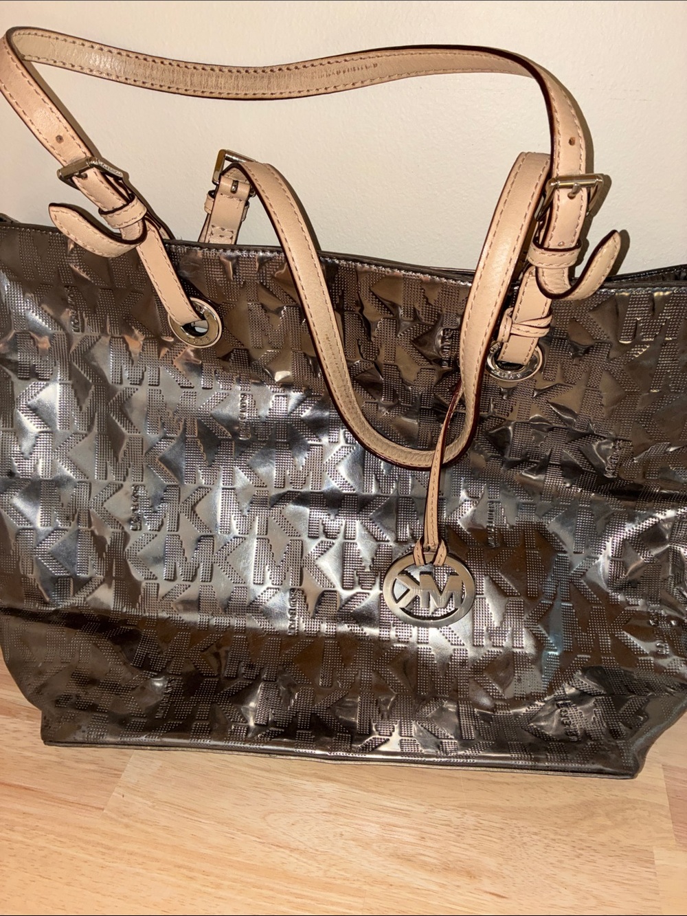 Michael Kors Bronze Metallic MK Logo Tote with Tan Straps